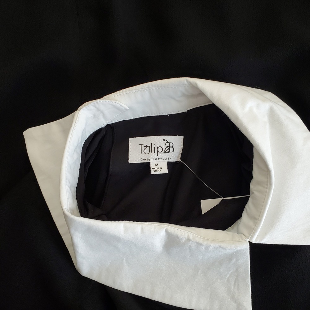 Tulip B Womens M Black Shift Dress White Peter Pan Collar Sleeveless Pockets New - Picture 4 of 10